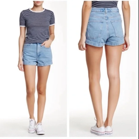 American Apparel High Rise Hi Waisted Denim Cuffed Jean Shorts Summer Wash Blue - Picture 9 of 11